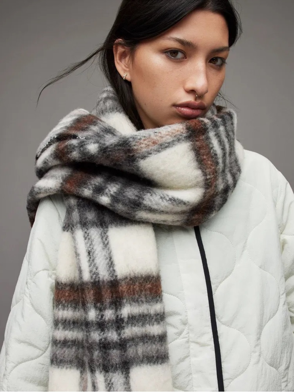 AllSaints Plaid Mohair-Blend Wrap - Cream, Gray & Brown